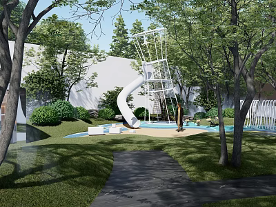 Outdoor Kids Play Area With White Slide Green Trees And Lawn 3d model