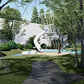 Outdoor Kids Play Area With White Slide Green Trees And Lawn