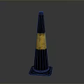 Black And Yellow Striped Traffic Cone With Base Mat On Gray Background
