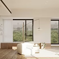 Modern Bright Living and Dining Room with Large Windows Green View White Sofa Wooden Floors