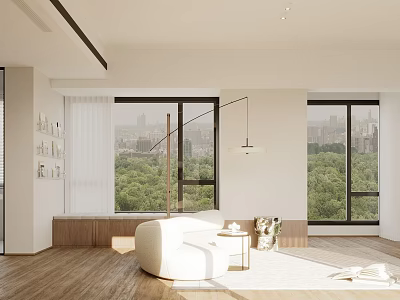 Modern Bright Living and Dining Room with Large Windows Green View White Sofa Wooden Floors 3d model