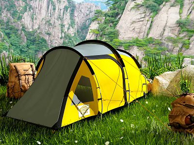 Yellow And Gray Camping Tent Set Up On Green Grassland With Mountain Rocks And Backpacks 3d model