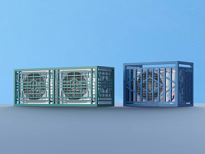 Two Modern Air Conditioning Fans With Green And Blue Grid Design For Home Cooling 3d model