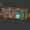 Multi Story Residential Building With Yellow Exterior Balconies Roof Structures And Small Trees Around