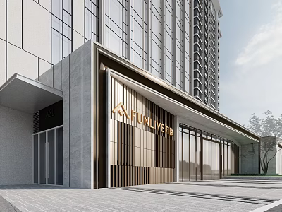 Modern Office Building Exterior Design With Glass Curtain Walls And Metal Accents Entrance 3d model