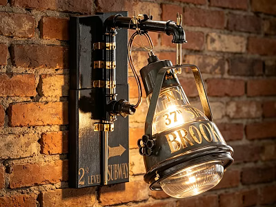 Industrial Wall Lamp On Red Brick Wall With Metal Shade And Brooklyn Sign Design 3d model