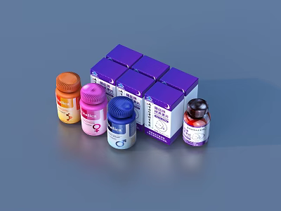 Colorful Medicine Bottles And Purple Boxes For Daily Household Use 3d model