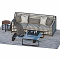 Plaid Pattern Sectional Sofa With Throw Pillows Blanket Glass Coffee Table And Area Rug 3d model