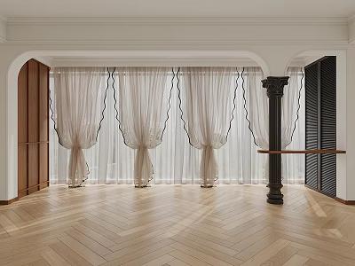 Sheer Light Beige Pleated Curtains With Scalloped Edges Interior Herringbone Wooden Floor Archway Column 3d model