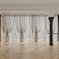 Sheer Light Beige Pleated Curtains With Scalloped Edges Interior Herringbone Wooden Floor Archway Column