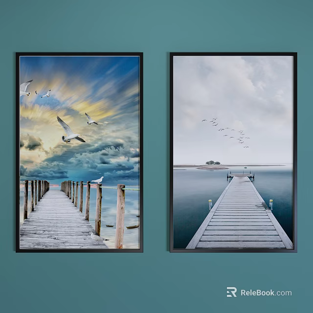 Two Decorative Paintings Featuring Wooden Pier Flying Birds Scenic Sky And Water Surface 3d model 