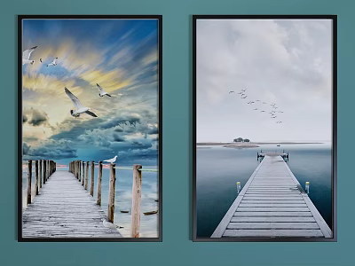 Two Decorative Paintings Featuring Wooden Pier Flying Birds Scenic Sky And Water Surface 3d model