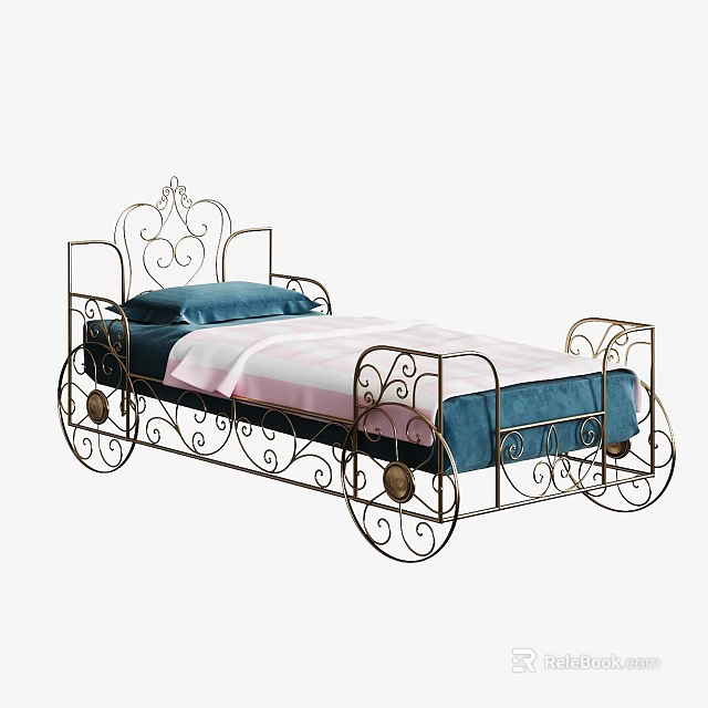 Ornate Iron Carriage Style Single Bed With Blue Mattress And Pink Bed Sheet 3d model 