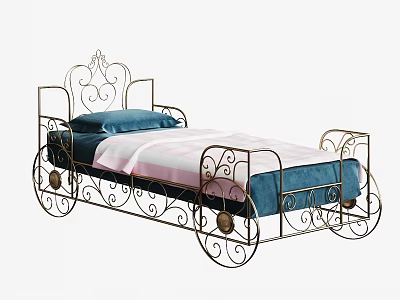 Ornate Iron Carriage Style Single Bed With Blue Mattress And Pink Bed Sheet 3d model