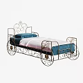 Ornate Iron Carriage Style Single Bed With Blue Mattress And Pink Bed Sheet
