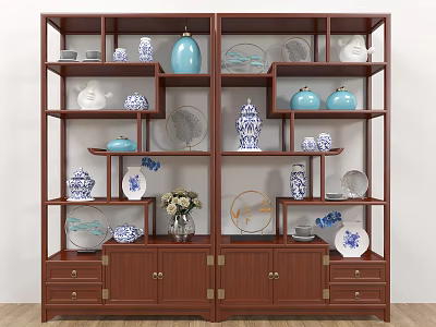 Traditional Chinese Wooden Antique Display Cabinet with Multiple Compartments and Blue White Porcelain Vases Plates 3d model