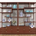 Traditional Chinese Wooden Antique Display Cabinet with Multiple Compartments and Blue White Porcelain Vases Plates