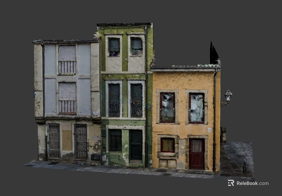 Cartoon Scene With Colorful Old Style Buildings Beige Green Yellow Walls Windows Doors And Street Lamp 3d model 
