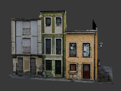 Cartoon Scene With Colorful Old Style Buildings Beige Green Yellow Walls Windows Doors And Street Lamp 3d model