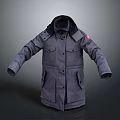Gray Hooded Long Winter Parka With Pockets Button Closure And Red Logo Patch 3d model