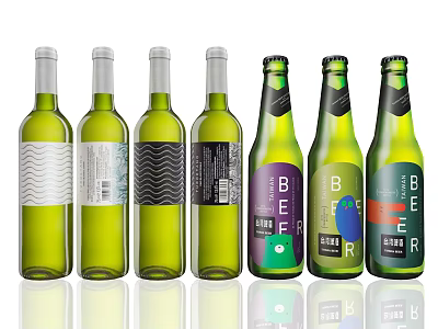 Assorted Wine And Beer Bottles With Various Label Designs On White Background 3d model