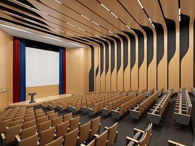 Modern Conference Room Interior With Arranged Seats Podium Projection Screen Wooden Walls And Ceiling Lights 3d model