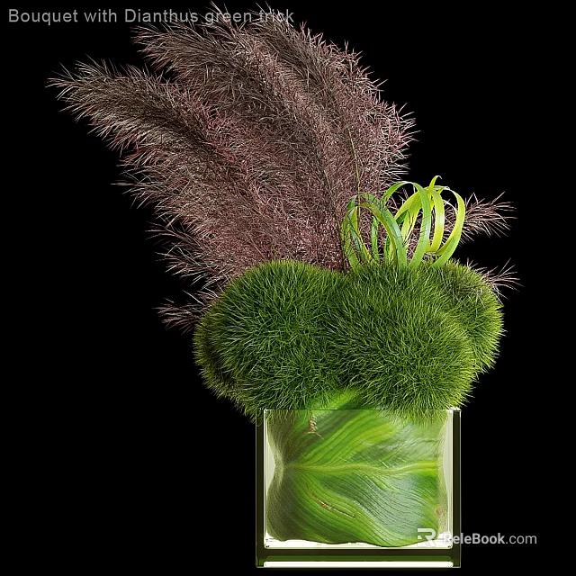 Decorative Ornament Arrangement With Transparent Glass Vase Purple Feathery And Green Spherical Plants 3d model 