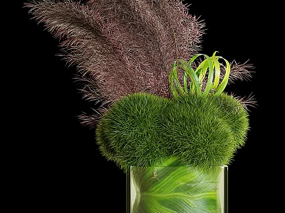 Decorative Ornament Arrangement With Transparent Glass Vase Purple Feathery And Green Spherical Plants 3d model