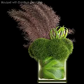 Decorative Ornament Arrangement With Transparent Glass Vase Purple Feathery And Green Spherical Plants