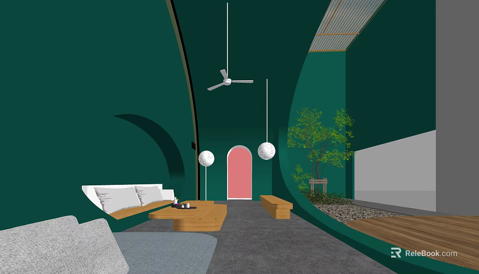 Cozy Modern Lounge Area Featuring Green Walls Arched Door Sofa Wooden Table And Indoor Plant 3d model 