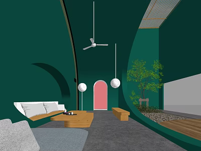 Cozy Modern Lounge Area Featuring Green Walls Arched Door Sofa Wooden Table And Indoor Plant 3d model
