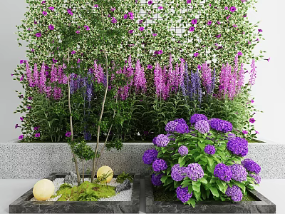 Living Green Plant Wall Decorated With Purple Pink Flowers And Potted Plants 3d model