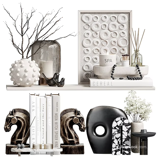 Elegant White Black Decorative Ornament Set For Shelf Display With Spherical Candles Branches And Diffuser 3d model 