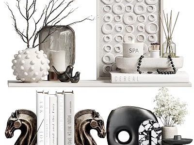 Elegant White Black Decorative Ornament Set For Shelf Display With Spherical Candles Branches And Diffuser 3d model