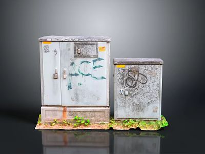 Old Weathered Electrical Utility Boxes With Graffiti And Green Grass Base 3d model