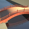 Red Roadway Bridge With Railing Spanning Water And Flat Ground Reflection