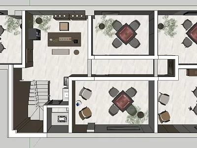 Hotel Mahjong Room Interior Layout With Gaming Tables Chairs And Green Plants 3d model
