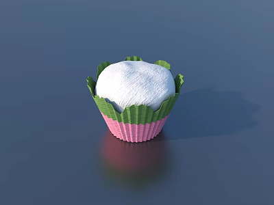 White Frosted Cupcake In Green And Pink Paper Wrapper On Dark Blue Surface With Reflection 3d model