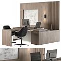 Wooden Office Desk Setup With Computer Monitor Tablet Black Chairs And Wooden Panel Wall