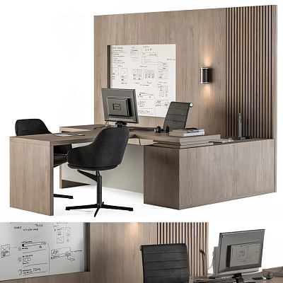 Wooden Office Desk Setup With Computer Monitor Tablet Black Chairs And Wooden Panel Wall 3d model