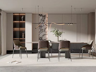 Modern Restaurant Interior With Dining Table Comfortable Chairs Pendant Lights Decorative Wall And Green Plants 3d model