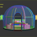 Cartoon Scene Transparent Dome Bedroom with Bed Round Stools Wooden Floor and Black Curved Frame