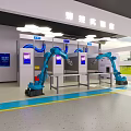 Automotive Manufacturing Workshop With Blue Robotic Arms Production Line And Machinery