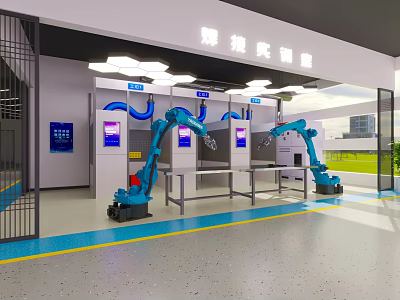 Automotive Manufacturing Workshop With Blue Robotic Arms Production Line And Machinery 3d model