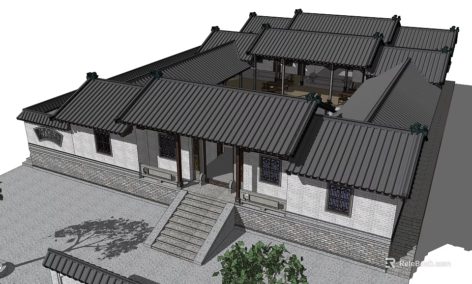 Ancient Chinese Traditional Architecture With Tile Roofs Courtyard Stone Steps And Trees 3d model 