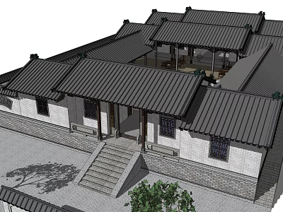 Ancient Chinese Traditional Architecture With Tile Roofs Courtyard Stone Steps And Trees 3d model