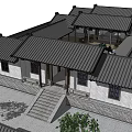 Ancient Chinese Traditional Architecture With Tile Roofs Courtyard Stone Steps And Trees