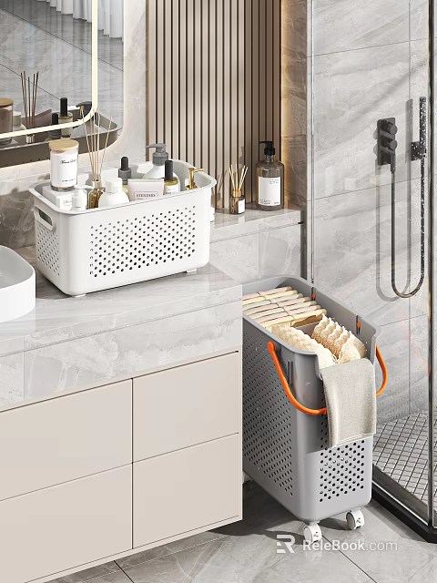 Bathroom Storage Baskets On Marble Countertop With White Perforated Design Gray Handles And Towels Toiletries 3d model 