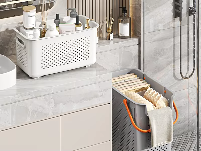 Bathroom Storage Baskets On Marble Countertop With White Perforated Design Gray Handles And Towels Toiletries 3d model