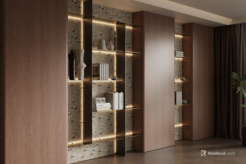 Modern Wooden Bookshelf Interior Design With LED Lighting Books And Decorative Items 3d model 